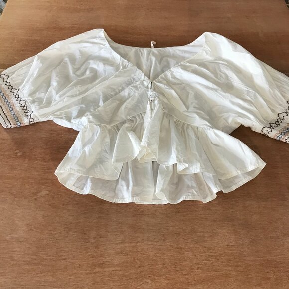 Free People Where We Met Top Women L White V Neck Button Up Puff Sleeve Cropped - Picture 1 of 13